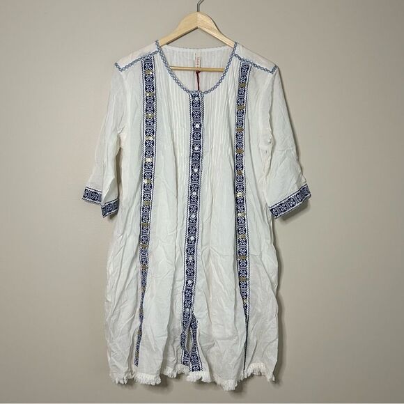 Anthropologie x Raga White Embroidered Sequin Button Front Midi Dress Size Large - Picture 11 of 11